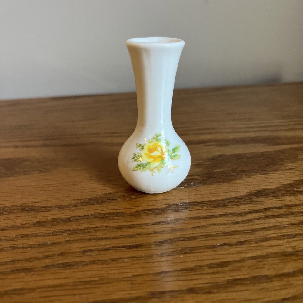 Vintage Miniature Vase Floral 2.5" Tall Yellow Rose Floral Cottage Shabby Chic